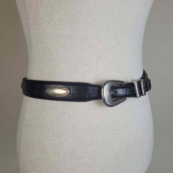Black Leather Belt Medium Western Silver Concho Cowgirl Rodeo Boho Etched Patina - Picture 2 of 6